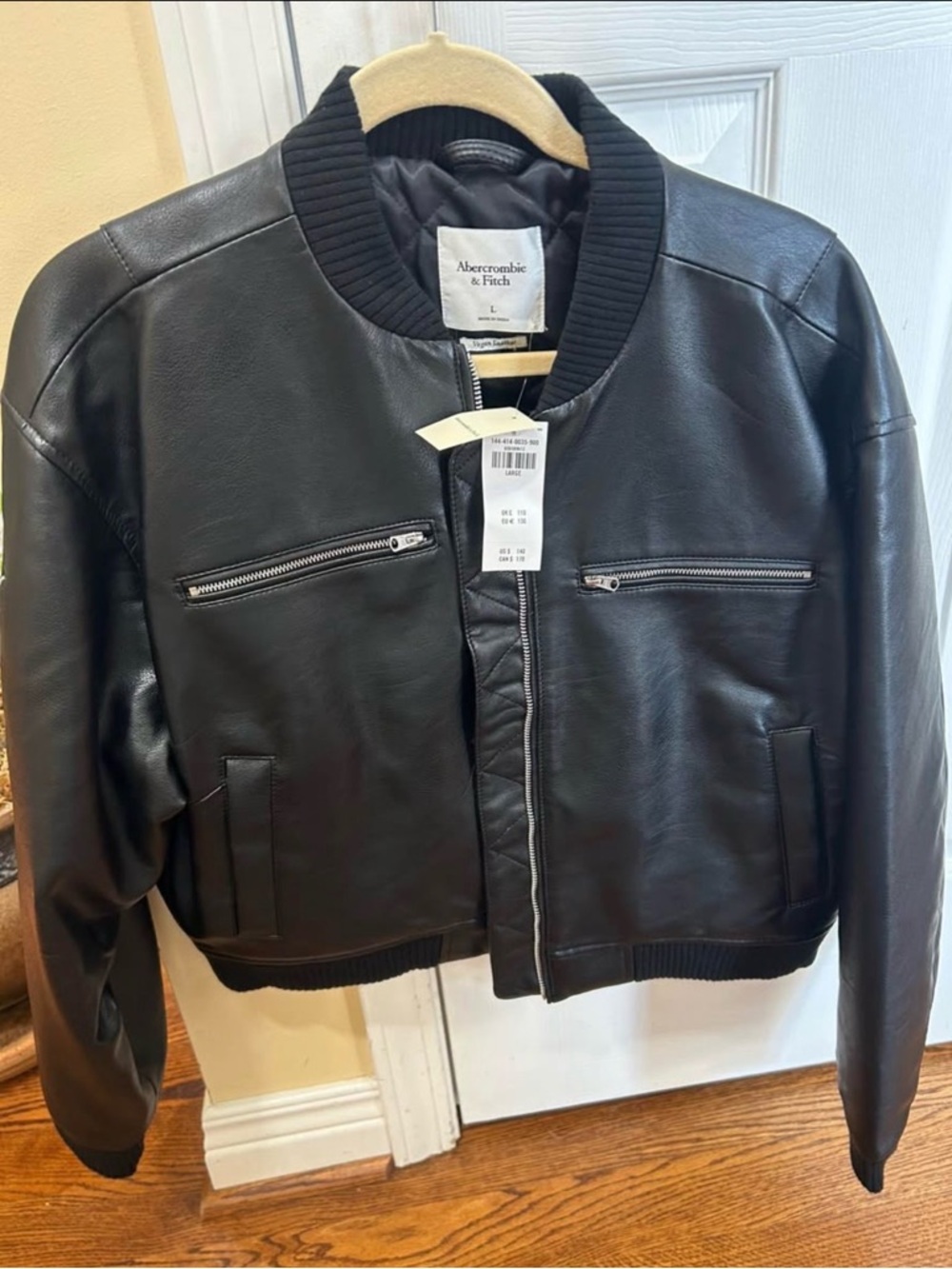 Abercrombie & Fitch Black Leather Bomber Jacket with Ribbed Trim